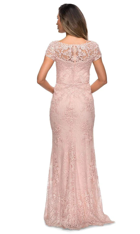 Elegant Mermaid Boat-Neck Cap-Sleeve Lace-Back Blush Floral-Lace Tulle Floor-Length Mother of the Bride Dresses