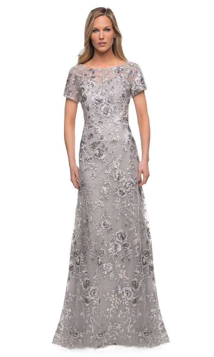 Elegant Mermaid Boat-Neck Cap-Sleeve Lace-Back Silver-Grey Floral-Lace Tulle Floor-Length Mother of the Bride Dresses