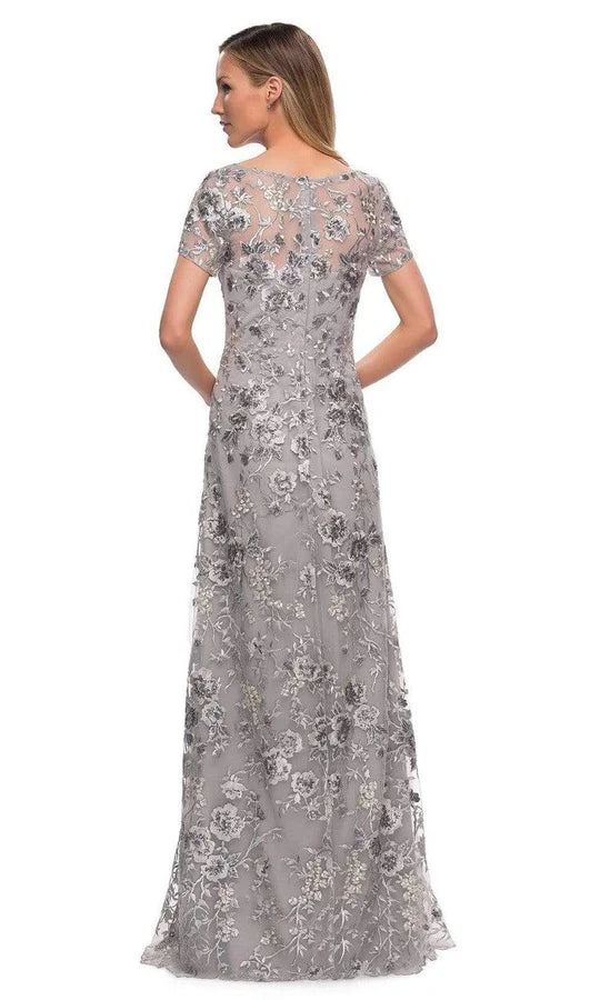 Elegant Mermaid Boat-Neck Cap-Sleeve Lace-Back Silver-Grey Floral-Lace Tulle Floor-Length Mother of the Bride Dresses
