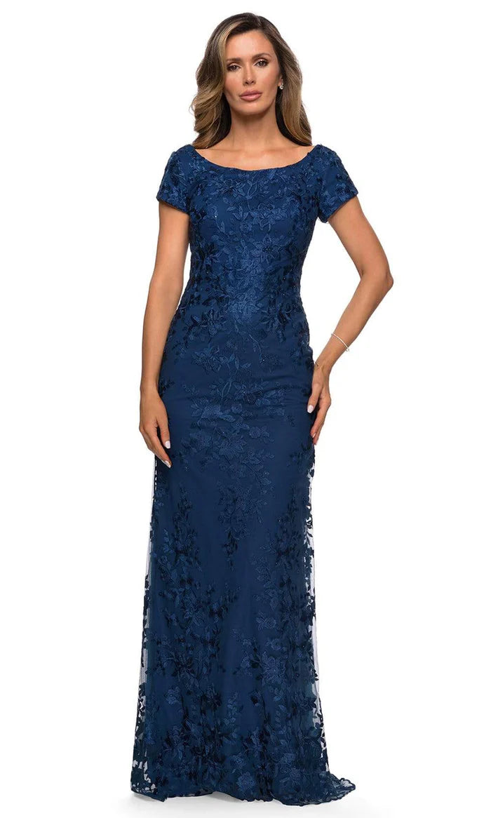 Elegant Mermaid Boat-Neck Cap-Sleeve V-Back Navy Floral-Embroidered Tulle Floor-Length Mother of the Bride Dresses