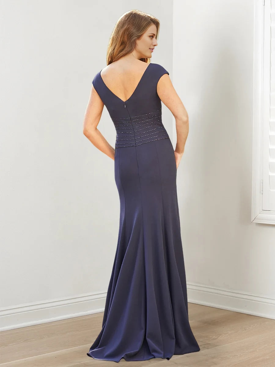 Elegant Mermaid Boat Neck Cap - Sleeve Zipper Back Floor - Length Mother of the Bride Dresses