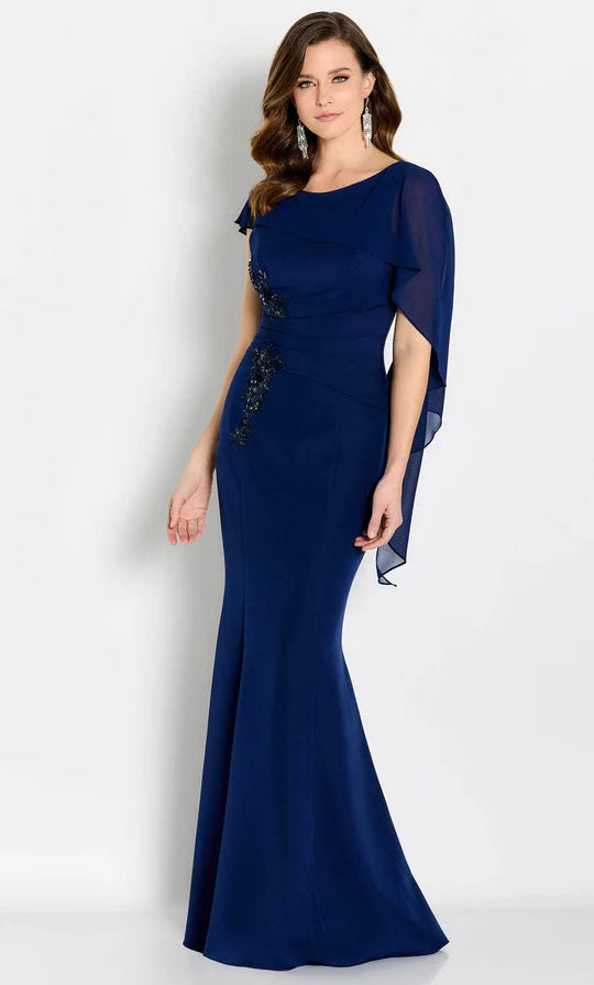 Elegant Mermaid Boat-Neck Cape-Sleeve Beaded-Trim Navy Chiffon Floor-Length Mother of the Bride Dresses