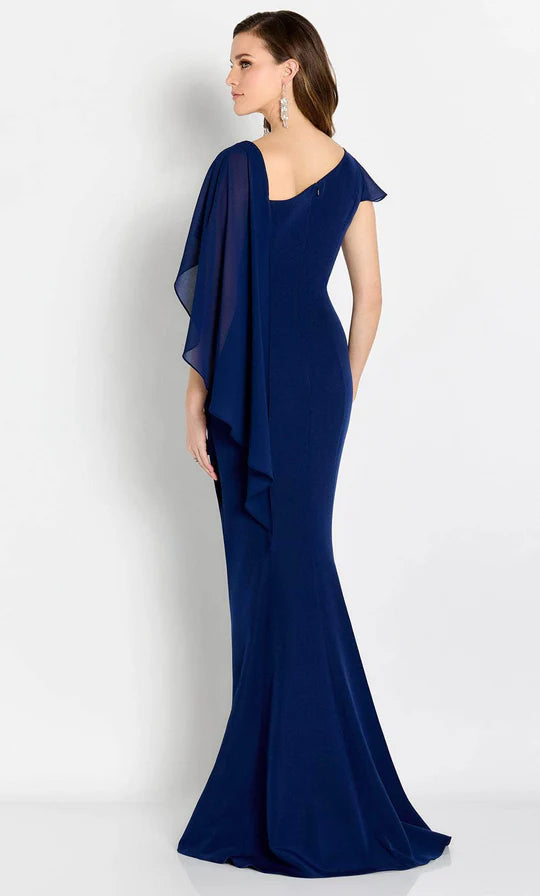 Elegant Mermaid Boat-Neck Cape-Sleeve Beaded-Trim Navy Chiffon Floor-Length Mother of the Bride Dresses