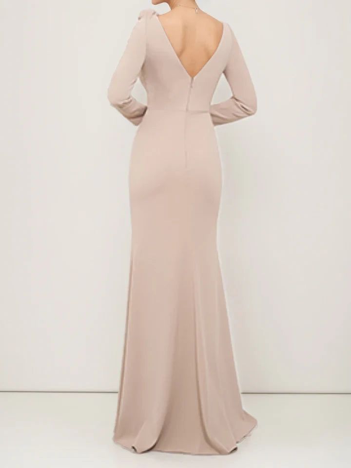 Elegant Mermaid Boat Neck Long - Sleeve Plunging Back Floor - Length Mother of the Bride Dresses