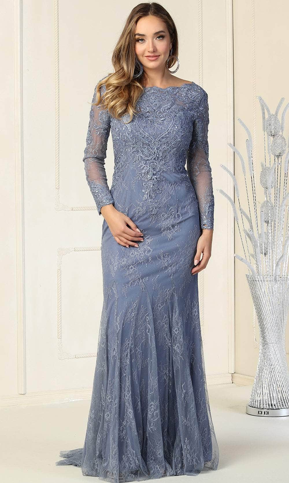 Elegant Mermaid Boat-Neck Long-Sleeve Scoop-Back Slate-Blue Lace-Tulle Floor-Length Mother of the Bride Dresses
