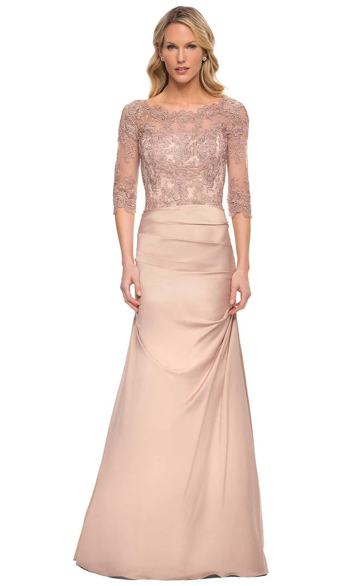 Elegant Mermaid Boat-Neck Three-Quarter-Sleeve Lace-Back Blush Lace-Satin Two-Piece Floor-Length Mother of the Bride Dresses
