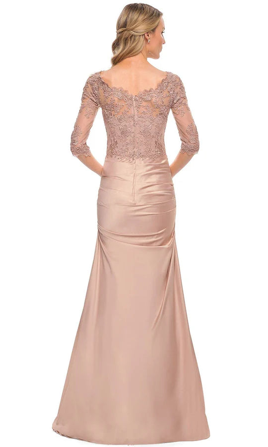 Elegant Mermaid Boat-Neck Three-Quarter-Sleeve Lace-Back Blush Lace-Satin Two-Piece Floor-Length Mother of the Bride Dresses