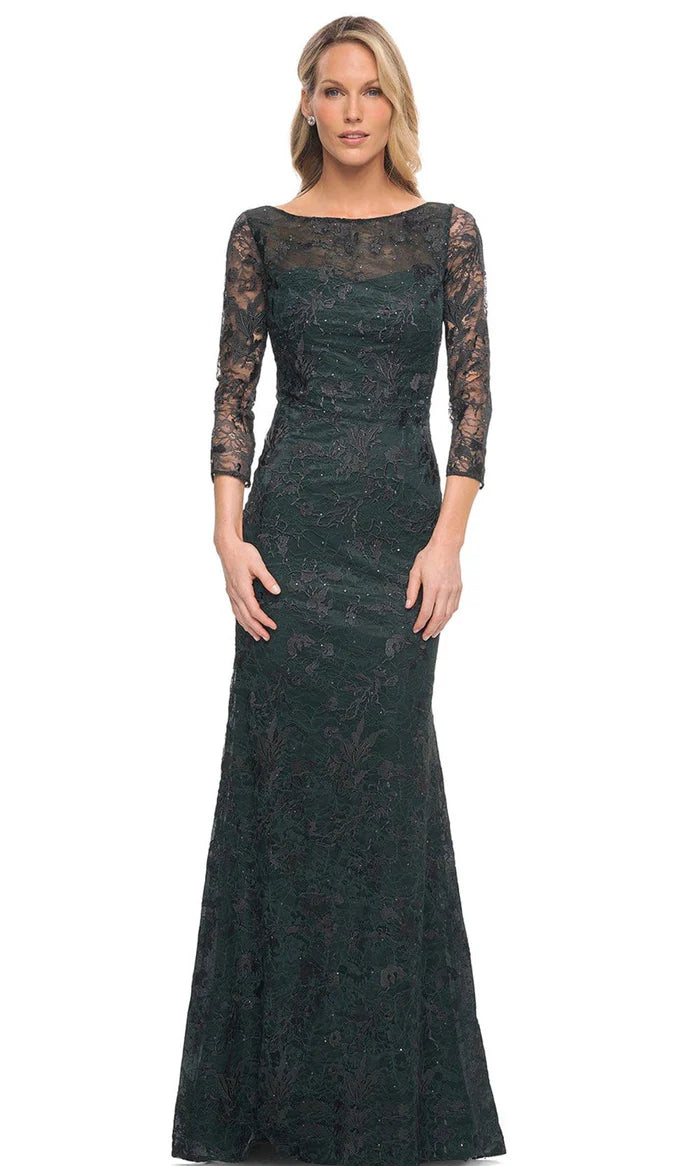 Elegant Mermaid Boat-Neck Three-Quarter-Sleeve V-Back Forest Green Sequin-Lace Tulle Floor-Length Mother of the Bride Dresses