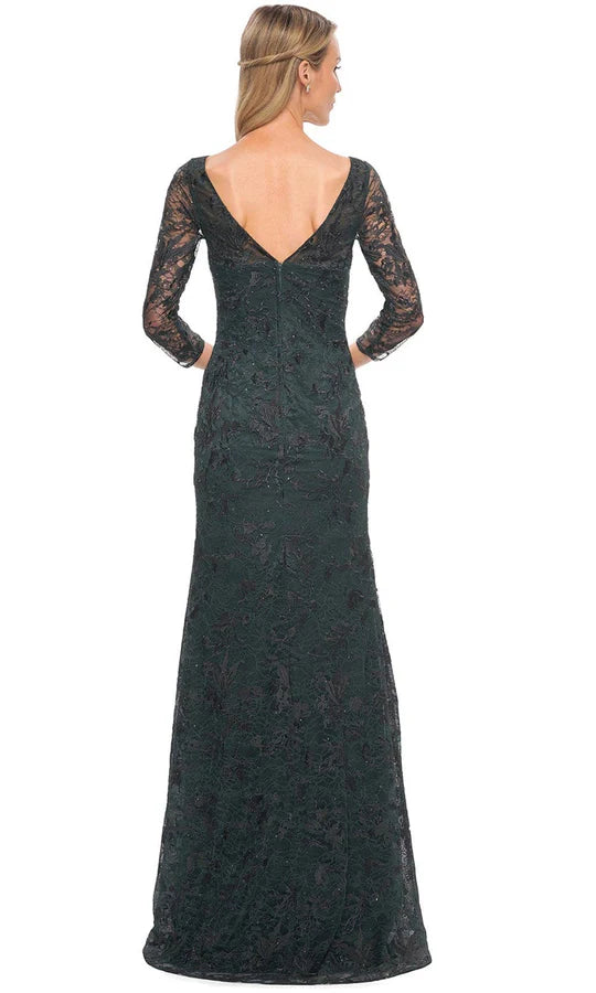 Elegant Mermaid Boat-Neck Three-Quarter-Sleeve V-Back Forest Green Sequin-Lace Tulle Floor-Length Mother of the Bride Dresses