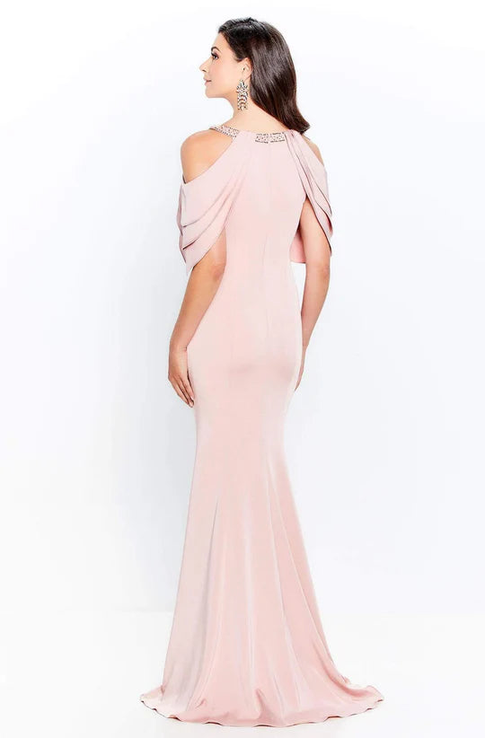 Elegant Mermaid Cold-Shoulder Ruffled-Cape-Beaded-Trim-Back Blush Satin Floor-Length Mother of the Bride Dresses