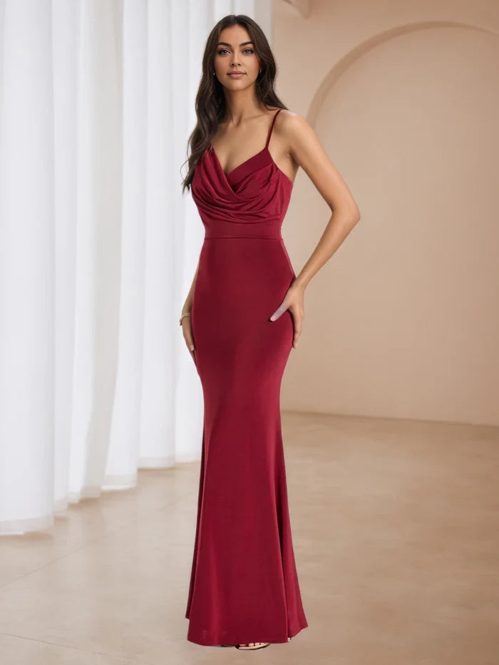 Elegant Mermaid Cowl Neck Sleeveless Open Back Floor Length Prom Dresses