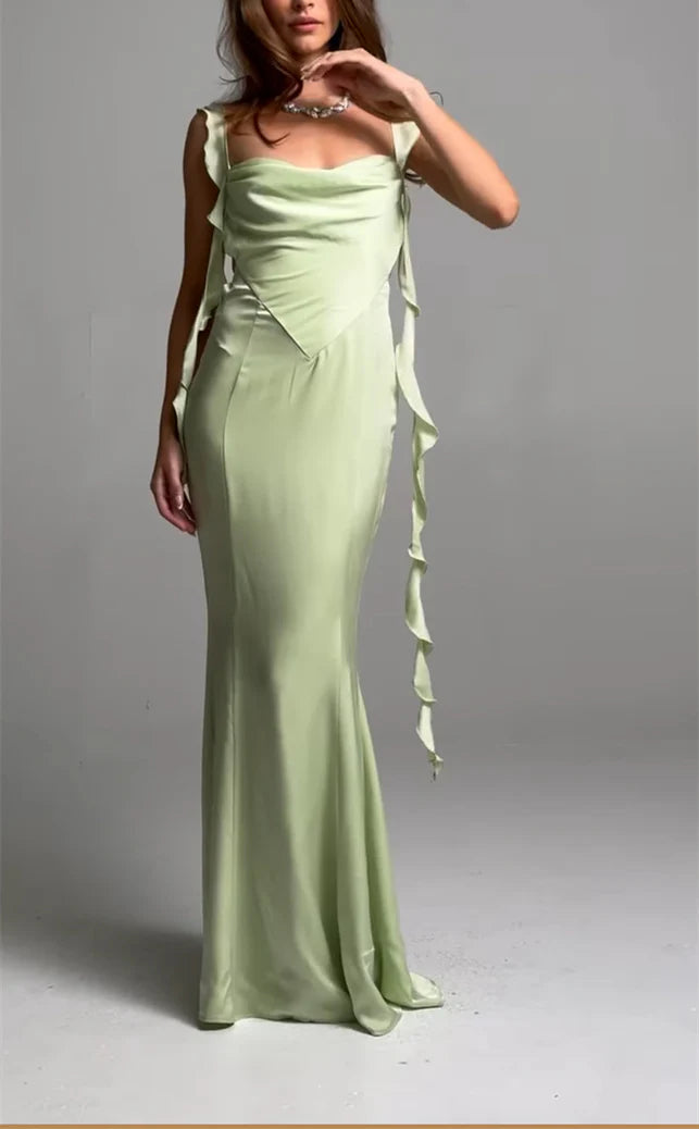 Elegant Mermaid Cowl Neck Sleeveless Open Back Long Length Prom Dresses