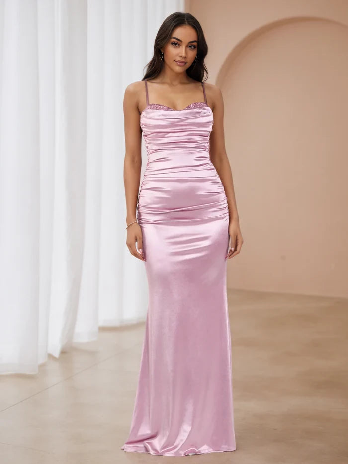 Elegant Mermaid Cowl Neck Sleeveless Zip Back Floor Length Prom Dresses