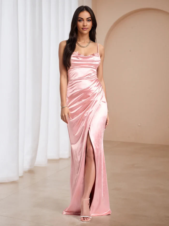 Elegant Mermaid Cowl Neck Sleeveless Zipper Back Floor Length Prom Dresses