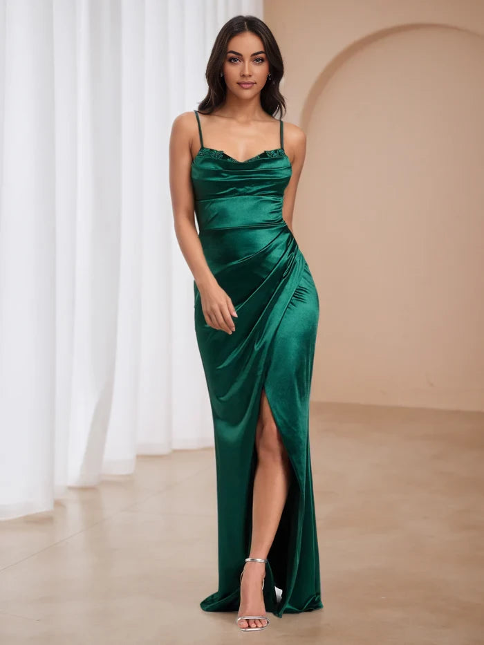 Elegant Mermaid Cowl Neck Sleeveless Zipper Back Floor Length Prom Dresses