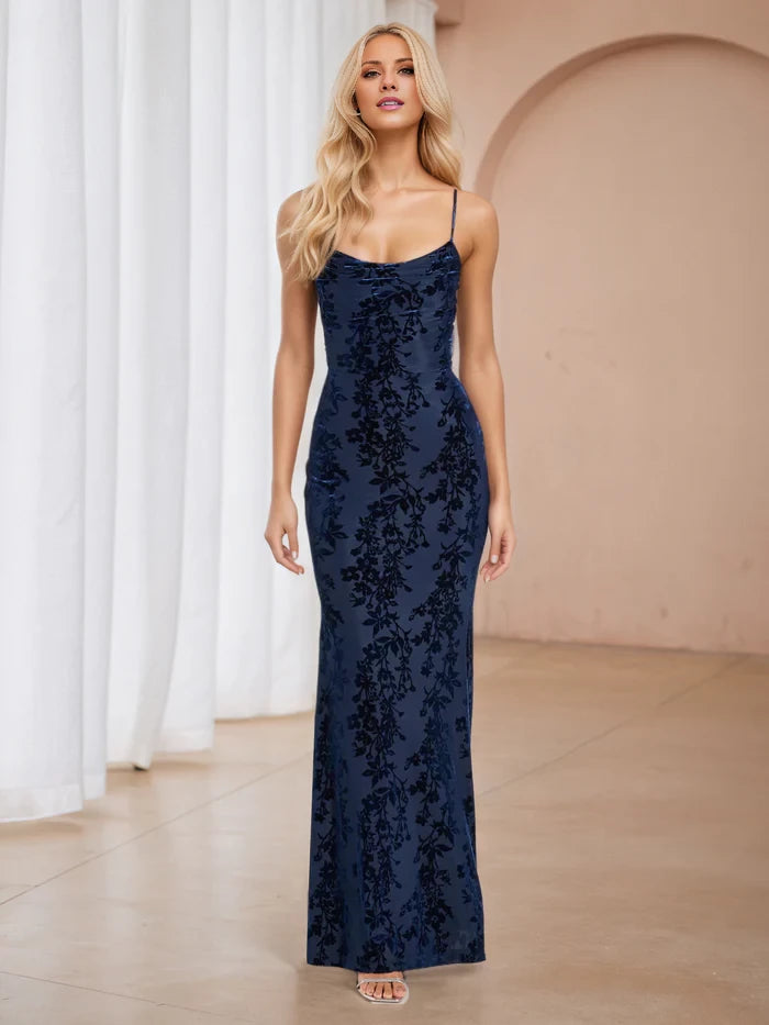 Elegant Mermaid Cowl Neck Spaghetti Strap Lace - Up Back Long Length Prom Dresses