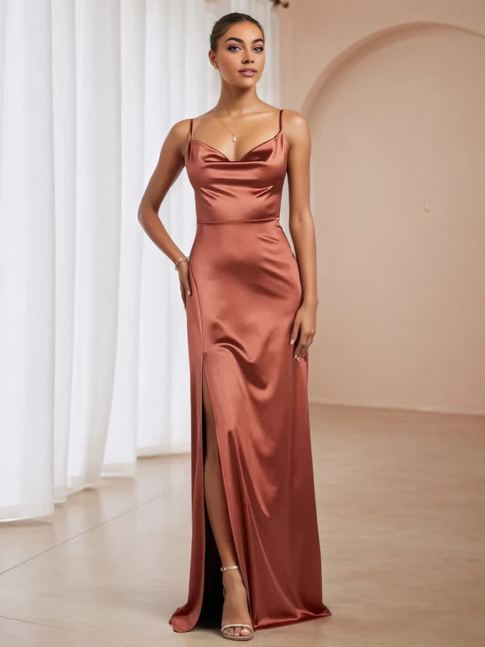 Elegant Mermaid Cowl Neck Spaghetti Strap Open Back Long Length Prom Dresses