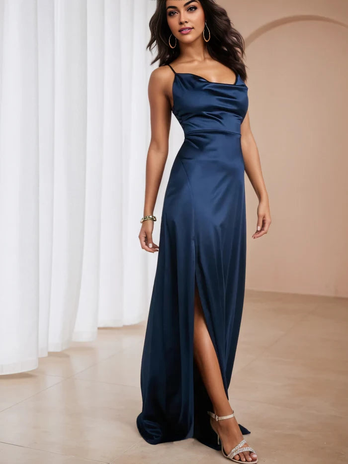 Elegant Mermaid Cowl Neck Spaghetti Strap Open Back Long Length Prom Dresses