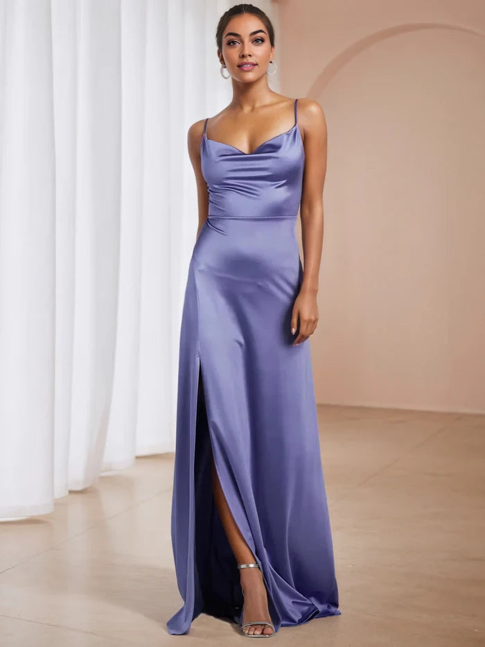 Elegant Mermaid Cowl Neck Spaghetti Strap Open Back Long Length Prom Dresses