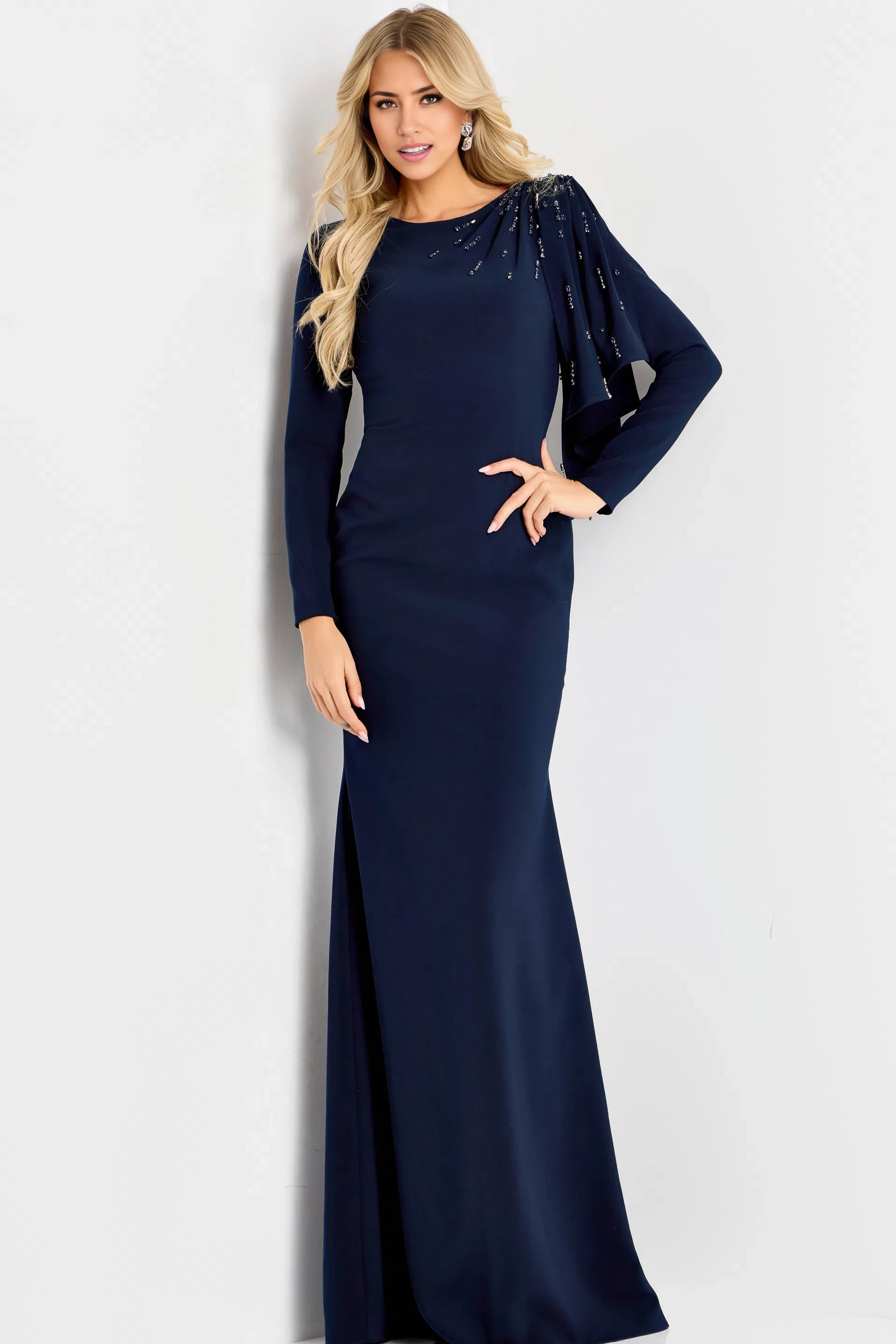 Elegant Mermaid Crew-Neck Beaded-Capelet Long-Sleeve High-Slit Long Length Mother of the Bride Dresses
