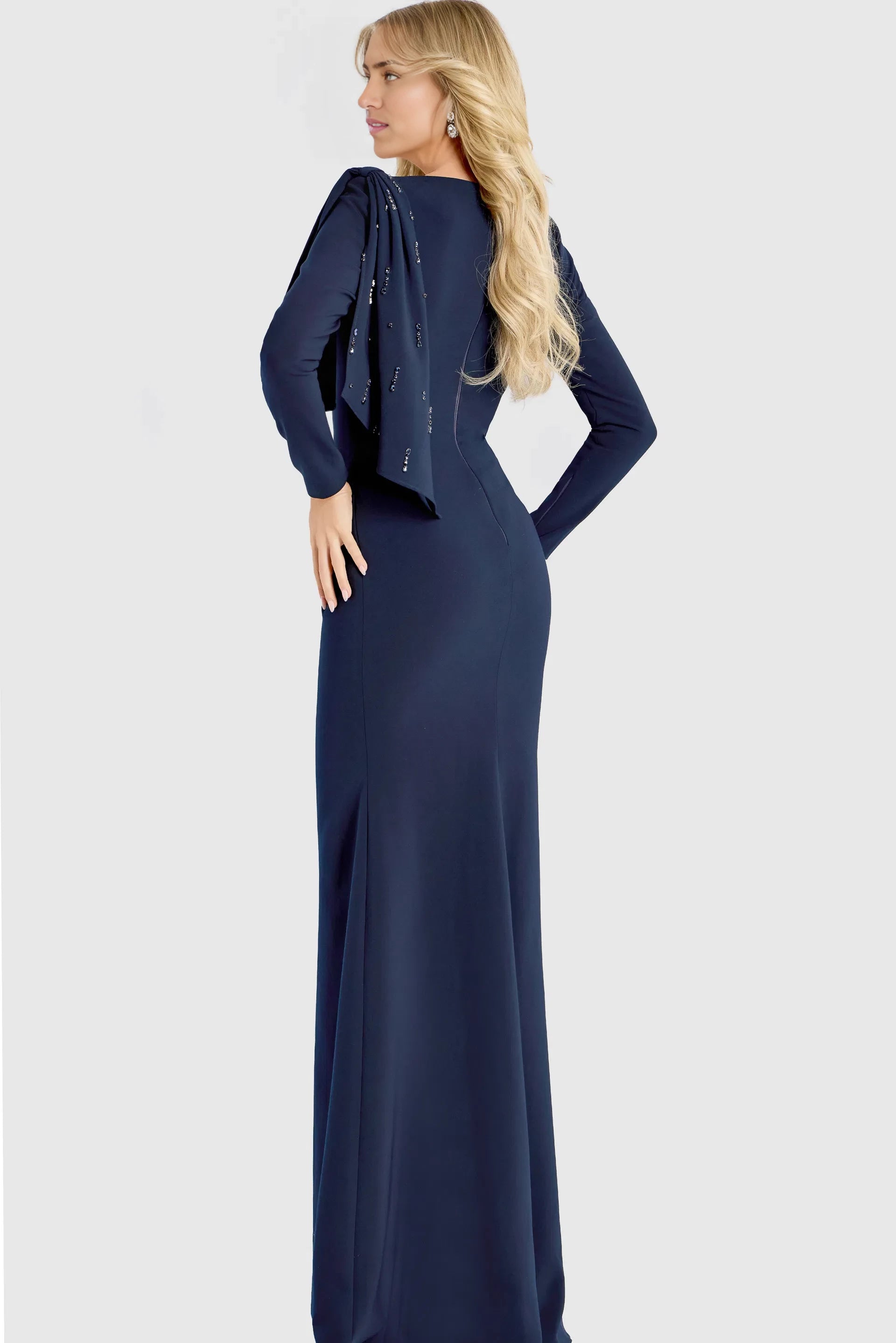 Elegant Mermaid Crew-Neck Beaded-Capelet Long-Sleeve High-Slit Long Length Mother of the Bride Dresses