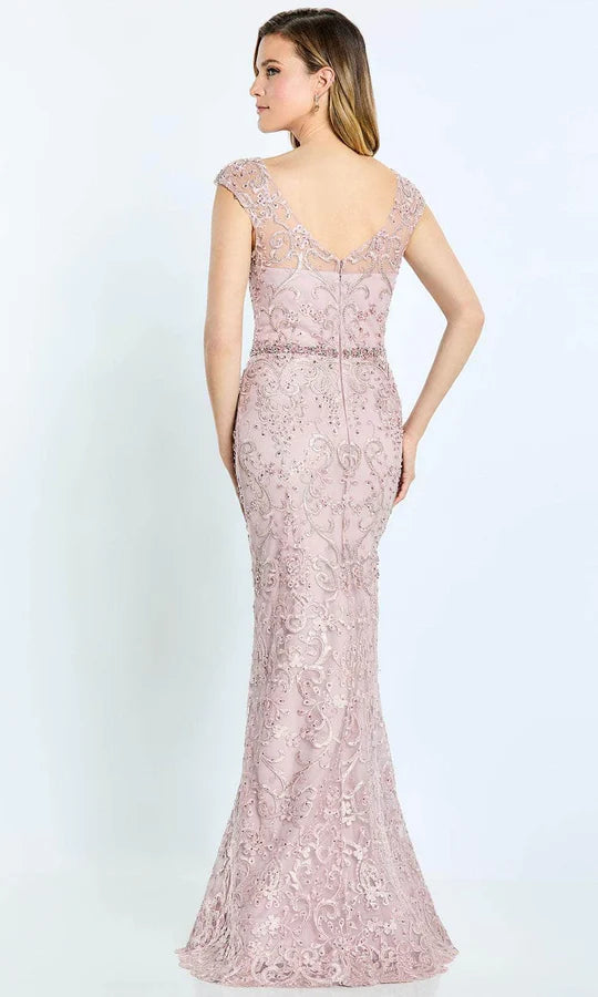 Elegant Mermaid Crew-Neck Cap-Sleeve-Zip-Back Blush Tulle Embellished Floor-Length Mother of the Bride Dresses