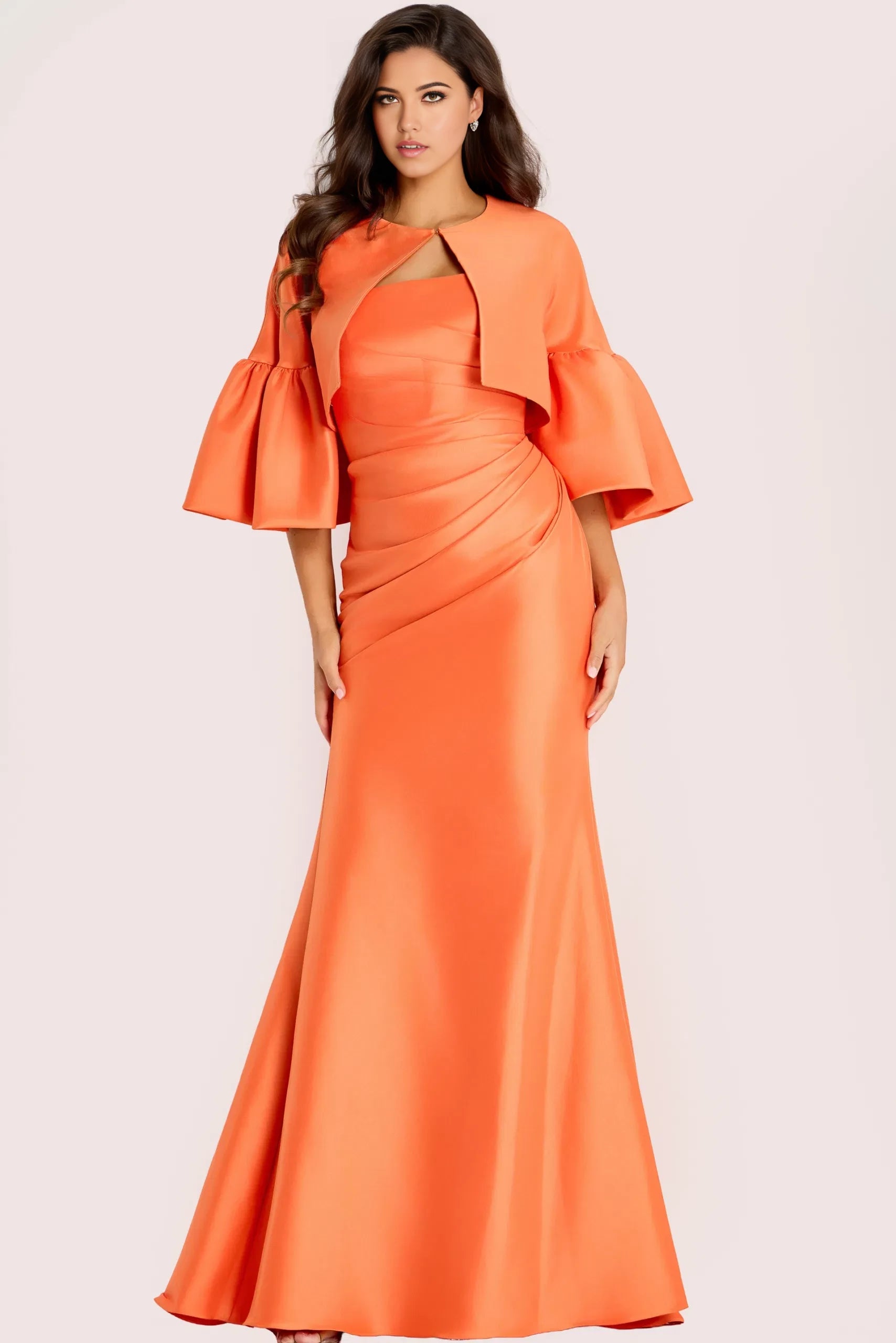 Elegant Mermaid Crew Neck Ruffle-Sleeve Jacket-Accent Long Length Evening Dresses
