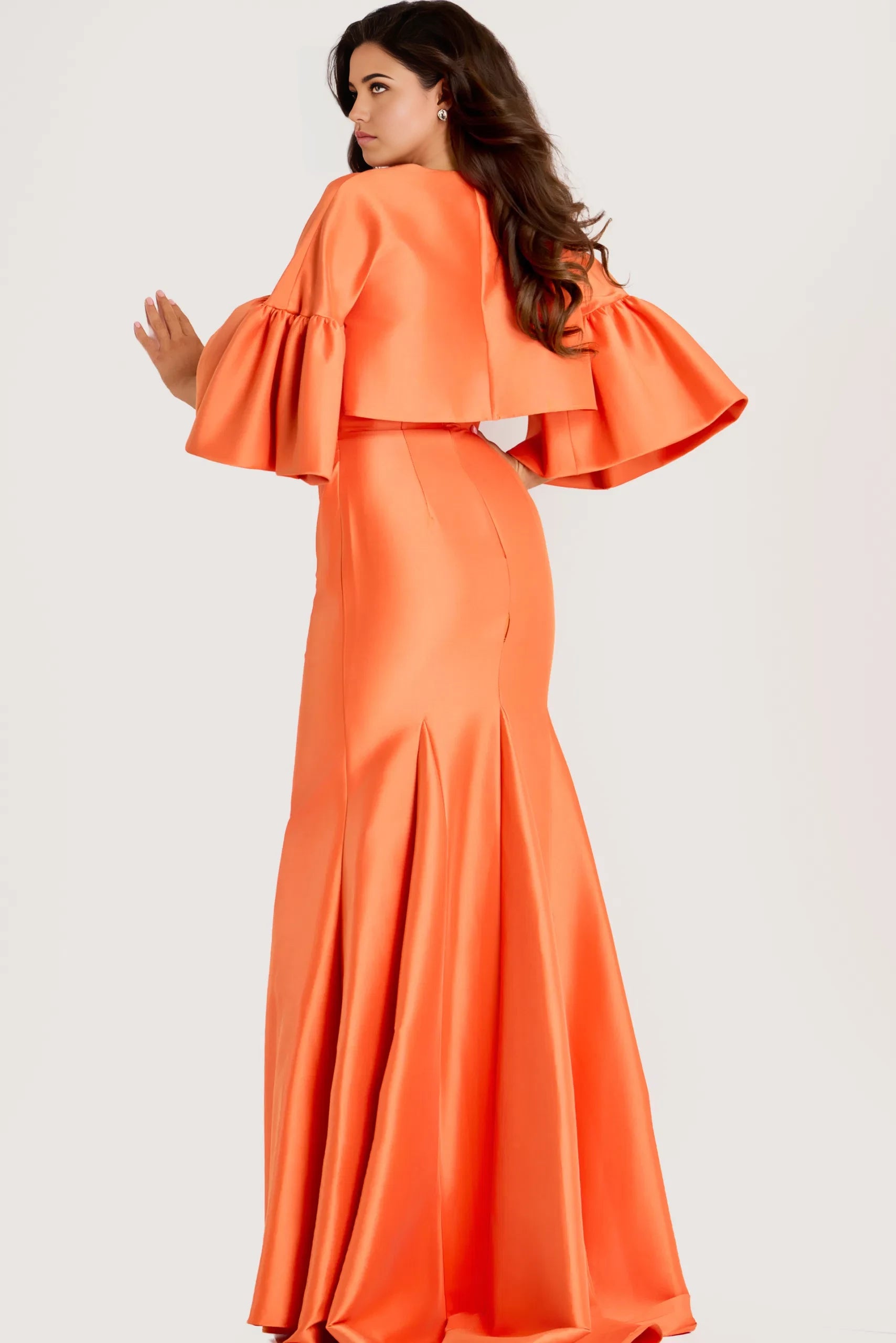Elegant Mermaid Crew Neck Ruffle-Sleeve Jacket-Accent Long Length Evening Dresses
