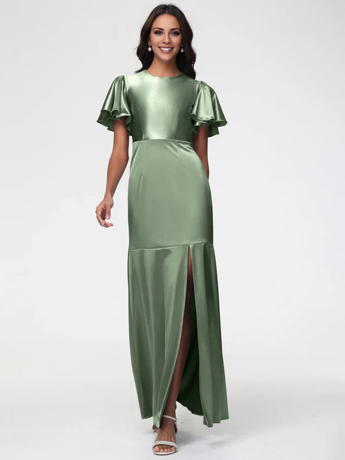 Elegant Mermaid Crew Neck Ruffled Short Sleeve Keyhole Back Long Length Prom Dresses