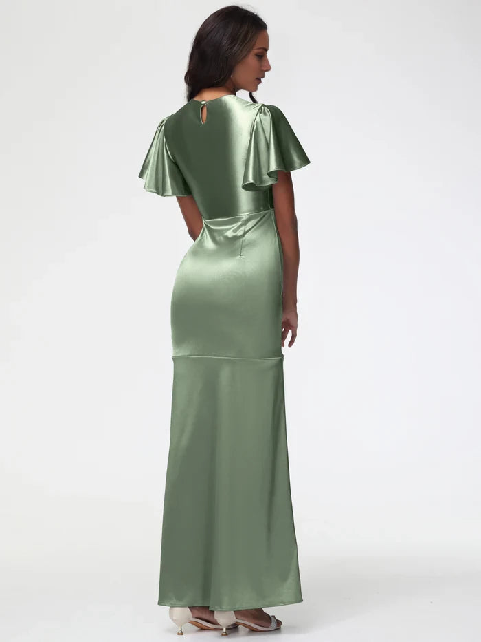 Elegant Mermaid Crew Neck Ruffled Short Sleeve Keyhole Back Long Length Prom Dresses
