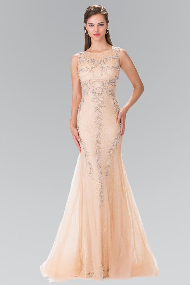 Elegant Mermaid Crew-Neck Sleeveless Sheer-Back Champagne Beaded-Tulle Floor-Length Mother of the Bride Dresses