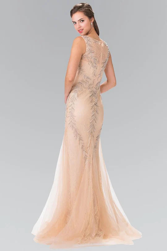 Elegant Mermaid Crew-Neck Sleeveless Sheer-Back Champagne Beaded-Tulle Floor-Length Mother of the Bride Dresses