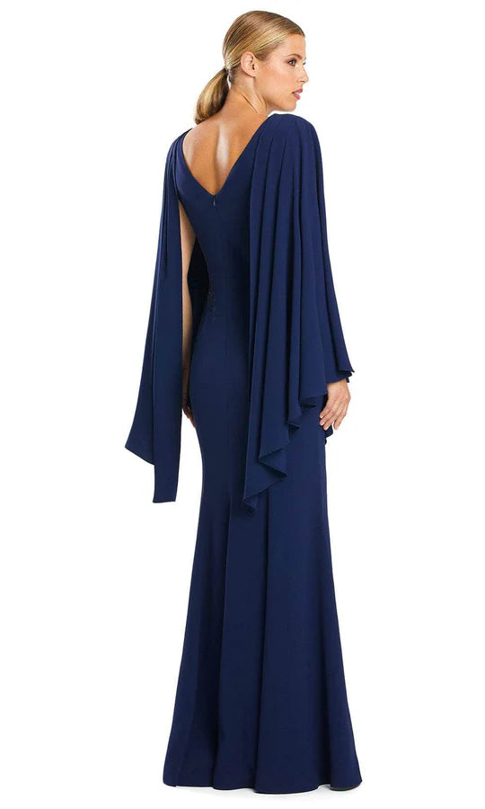 Elegant Mermaid Deep-V Cape-Sleeve Open-Back Navy Chiffon Embellished Floor-Length Mother of the Bride Dresses