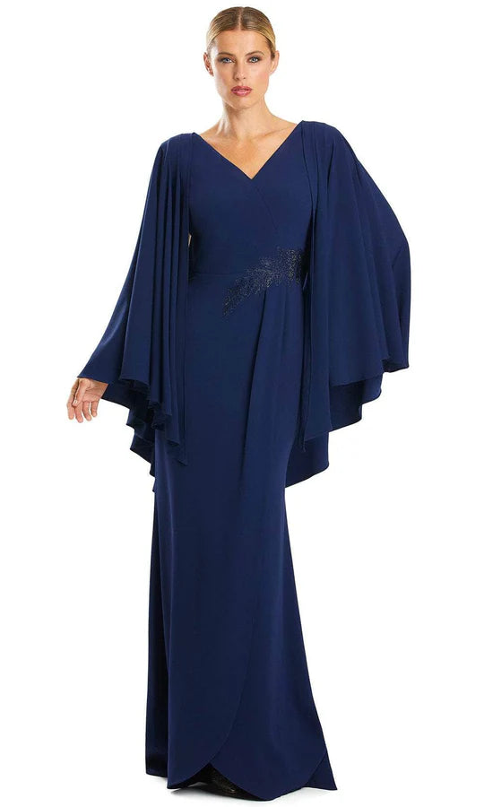 Elegant Mermaid Deep-V Cape-Sleeve Open-Back Navy Chiffon Embellished Floor-Length Mother of the Bride Dresses