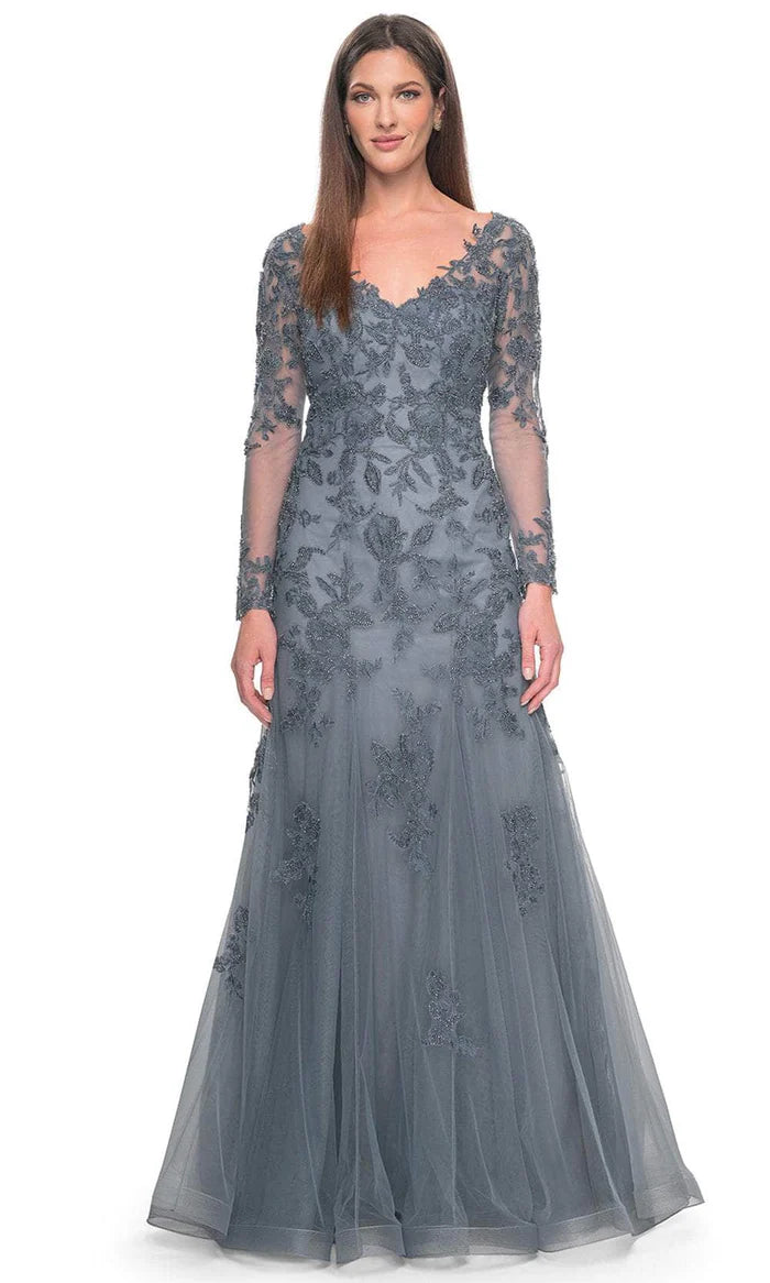 Elegant Mermaid Deep-V Long-Sleeve Lace-Back Dusty-Grey Beaded-Lace Tulle Floor-Length Mother of the Bride Dresses