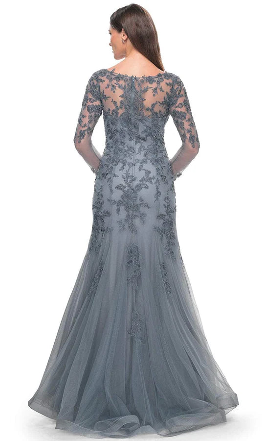 Elegant Mermaid Deep-V Long-Sleeve Lace-Back Dusty-Grey Beaded-Lace Tulle Floor-Length Mother of the Bride Dresses