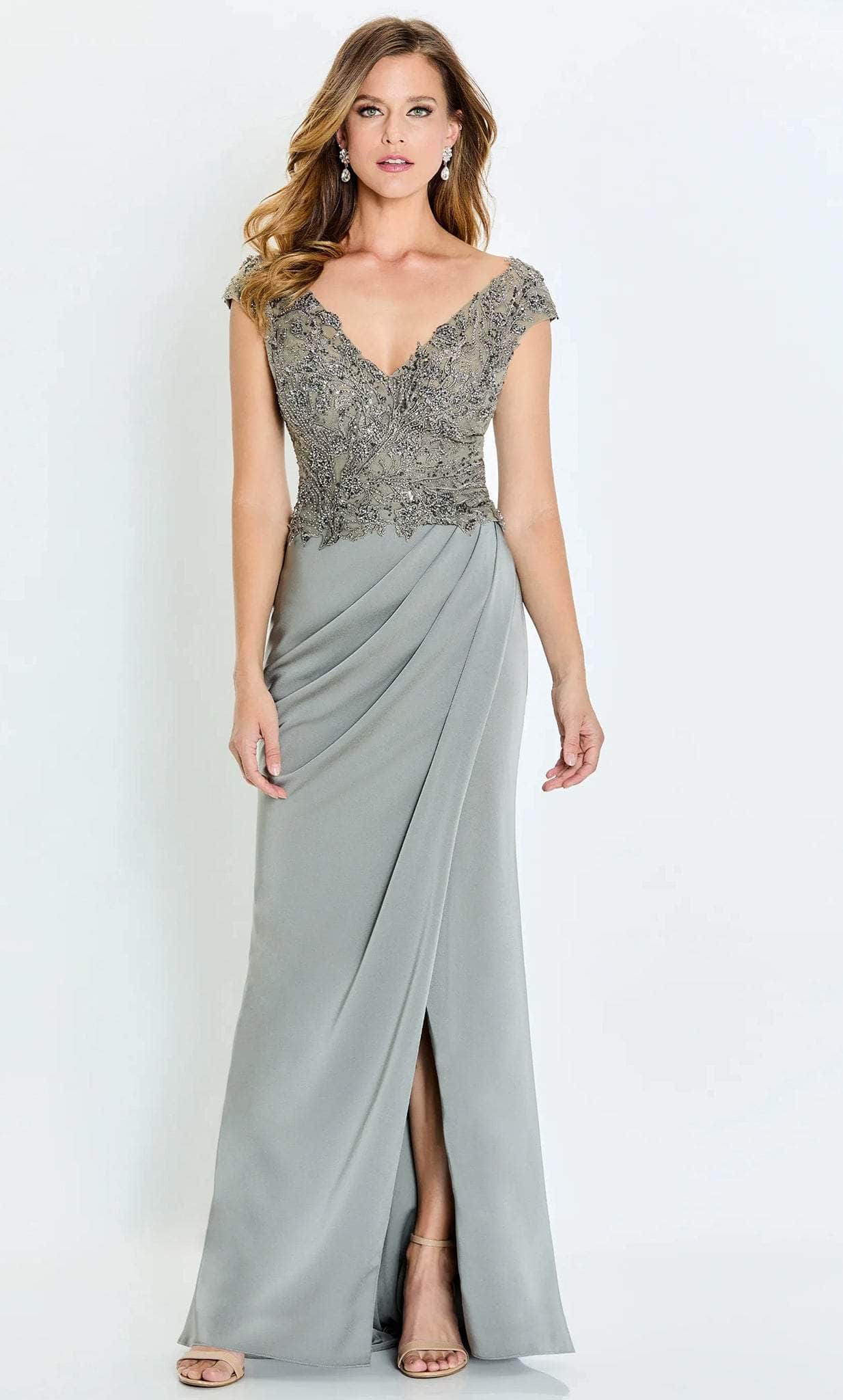 Elegant Mermaid Deep-V-Neck Cap-Sleeve Beaded-Bodice-Slit-Back Dusty Sage Chiffon Floor-Length Mother of the Bride Dresses