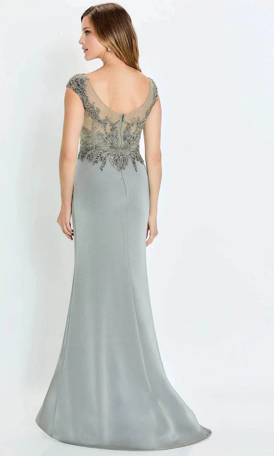 Elegant Mermaid Deep-V-Neck Cap-Sleeve Beaded-Bodice-Slit-Back Dusty Sage Chiffon Floor-Length Mother of the Bride Dresses