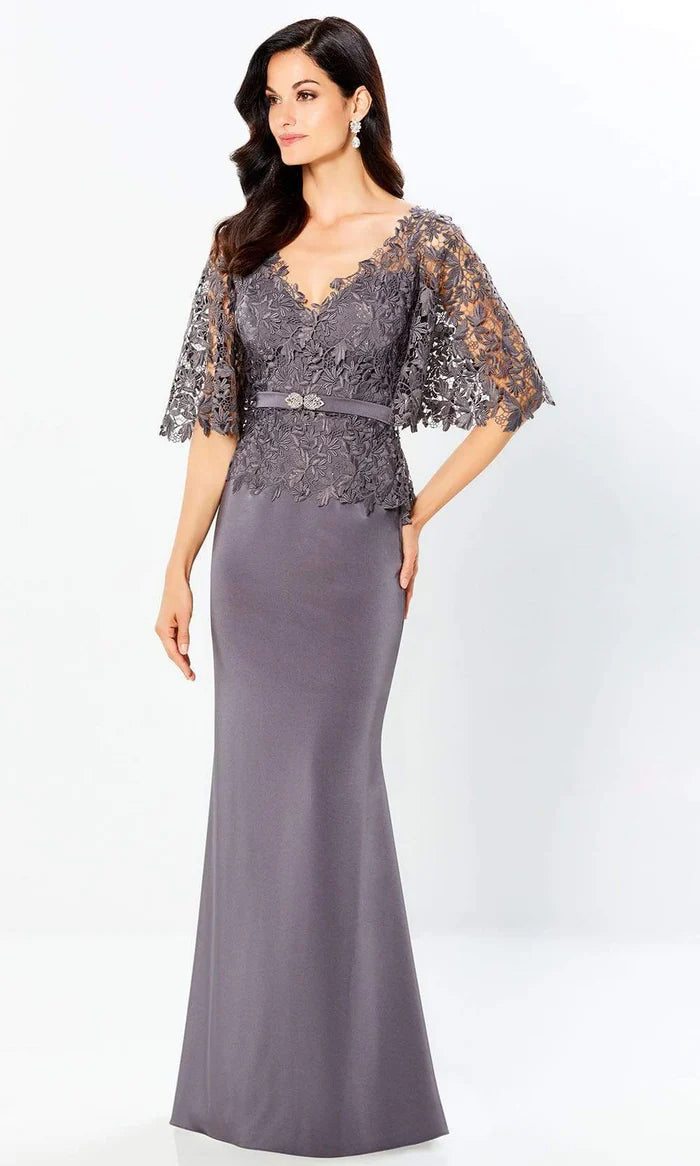 Elegant Mermaid Deep-V-Neck Cape-Sleeve Lace-Bodice-Belted-Back Dusty Gray Satin Floor-Length Mother of the Bride Dresses