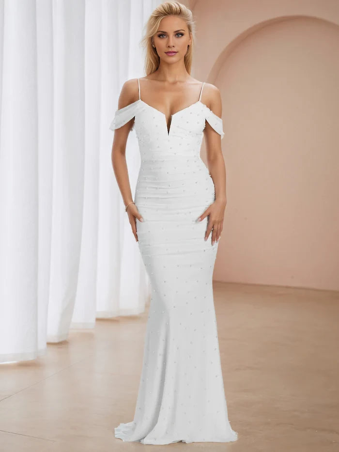 Elegant Mermaid Deep V - Neck Off - Shoulder Open Back Long Length Prom Dresses