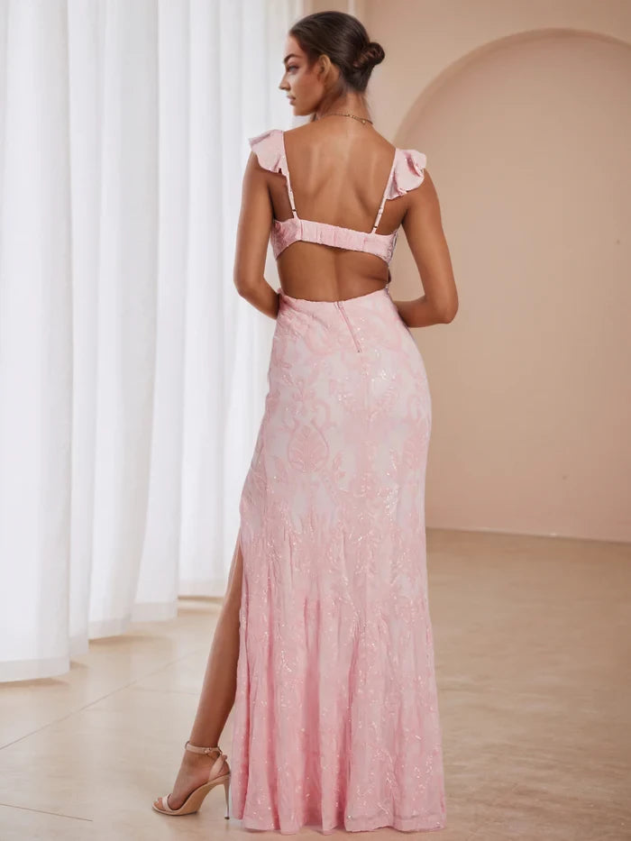 Elegant Mermaid Deep V - Neck Ruffled Sleeveless Open Back Long Length Prom Dresses