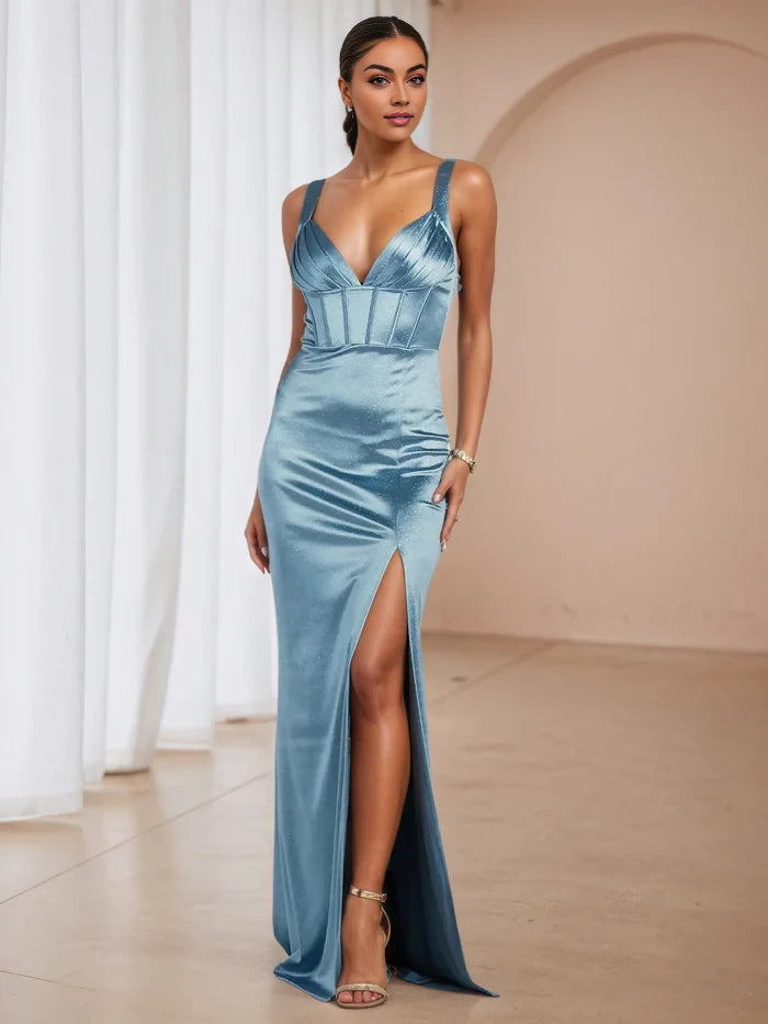 Elegant Mermaid Deep V - Neck Sleeveless Open Back Long Length Prom Dresses