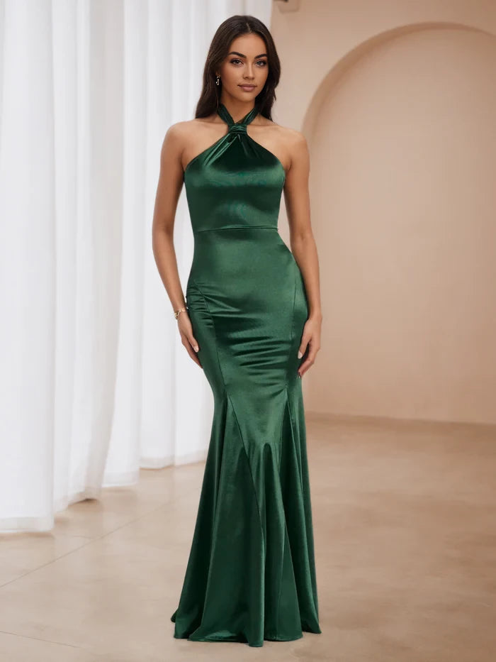 Elegant Mermaid Halter Neck Sleeveless Plain Back Floor Length Prom Dresses