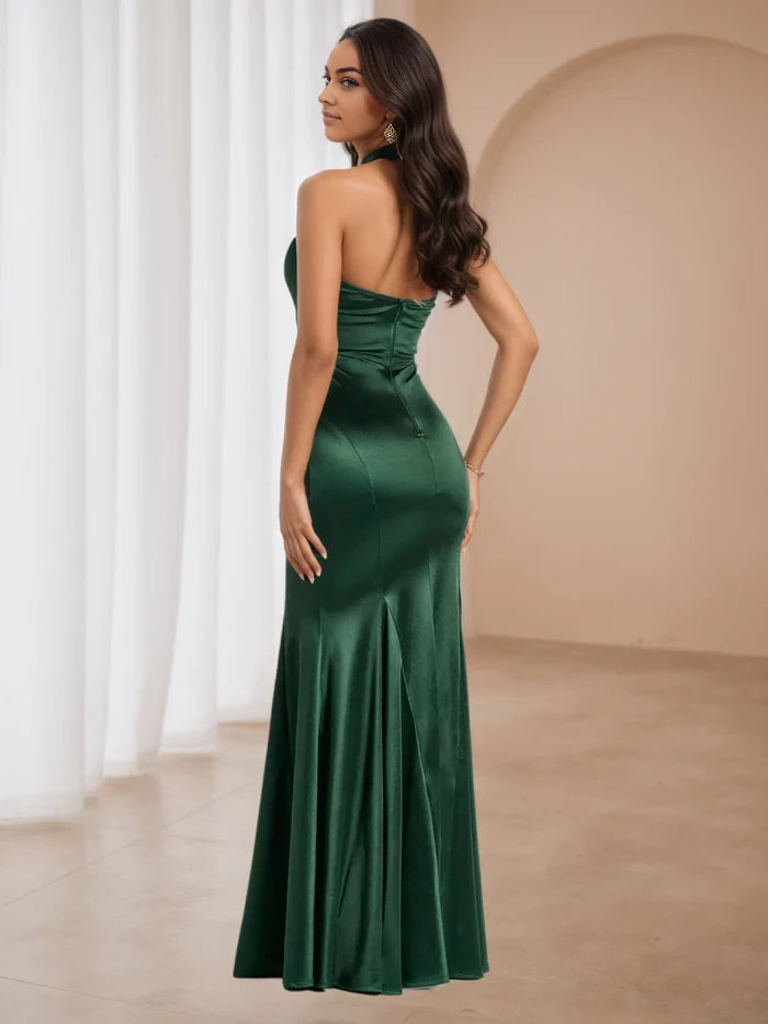 Elegant Mermaid Halter Neck Sleeveless Plain Back Floor Length Prom Dresses
