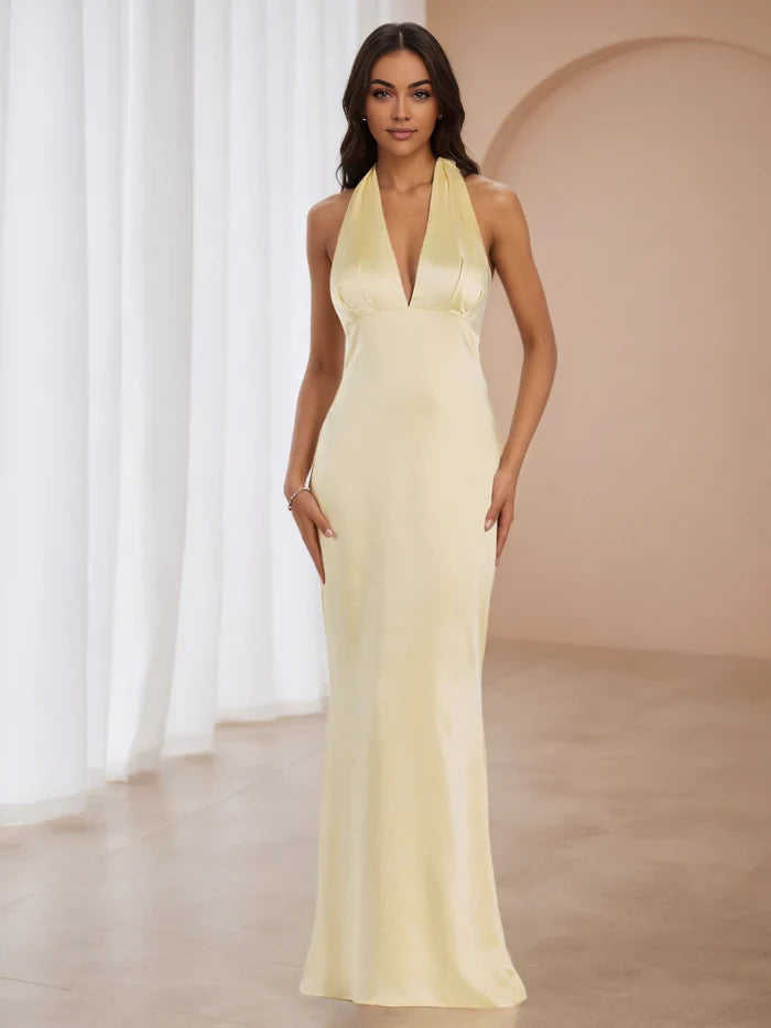 Elegant Mermaid Halter Neck Sleeveless Tie Back Floor Length Prom Dresses