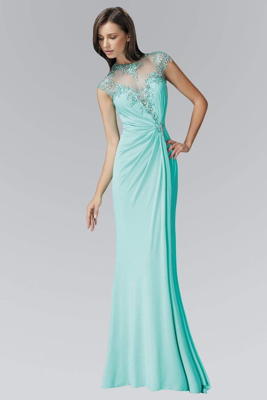Elegant Mermaid High-Neck Cap-Sleeve Cut-Out-Back Mint-Green Beaded-Chiffon Floor-Length Mother of the Bride Dresses