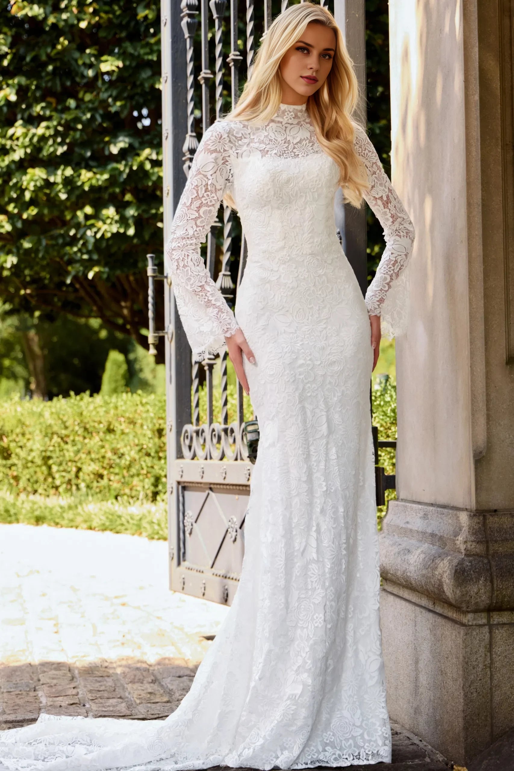 Elegant Mermaid High-Neck Lace Bell-Sleeve Open-Back Train Length Wedding Dresses
