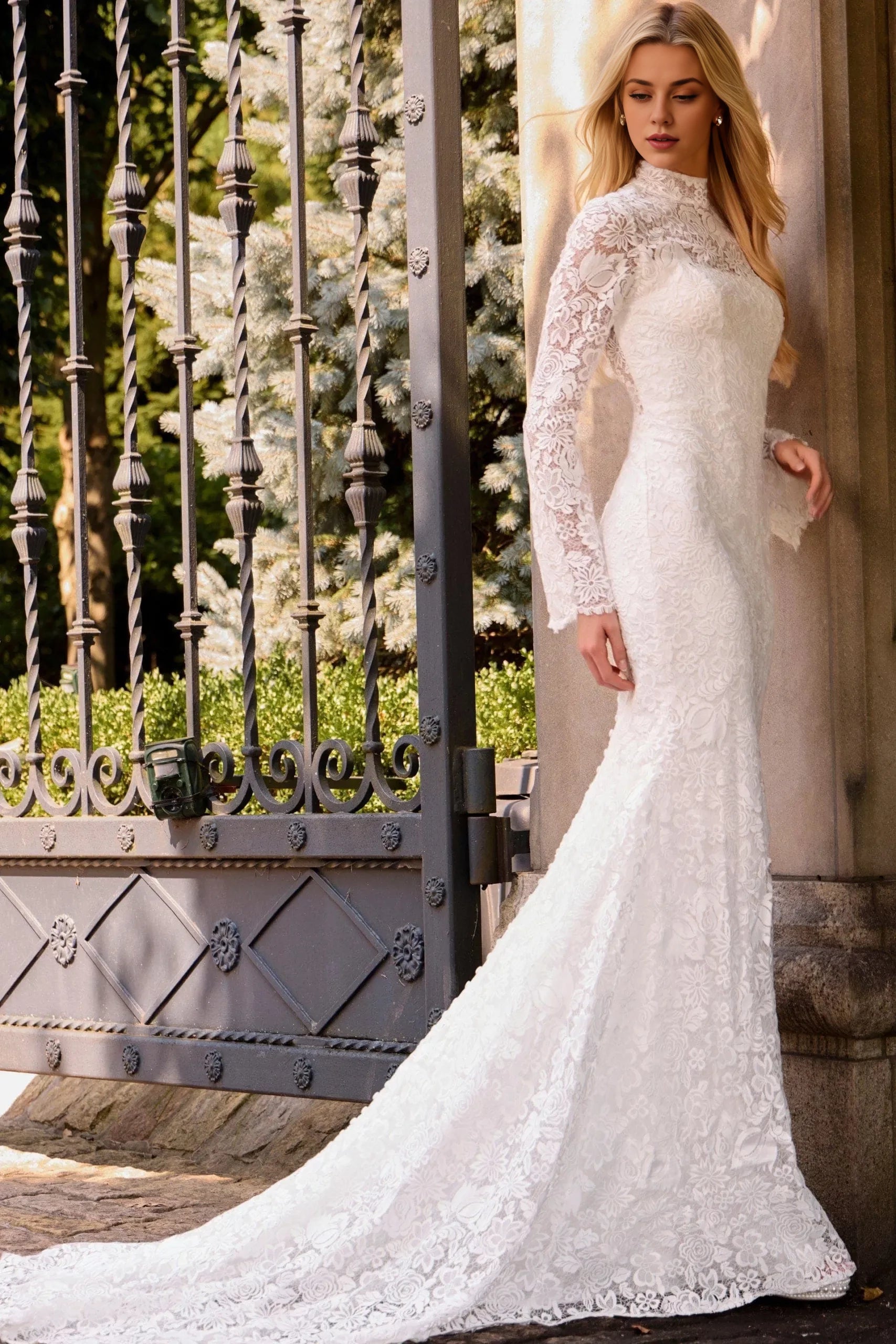 Elegant Mermaid High-Neck Lace Bell-Sleeve Open-Back Train Length Wedding Dresses
