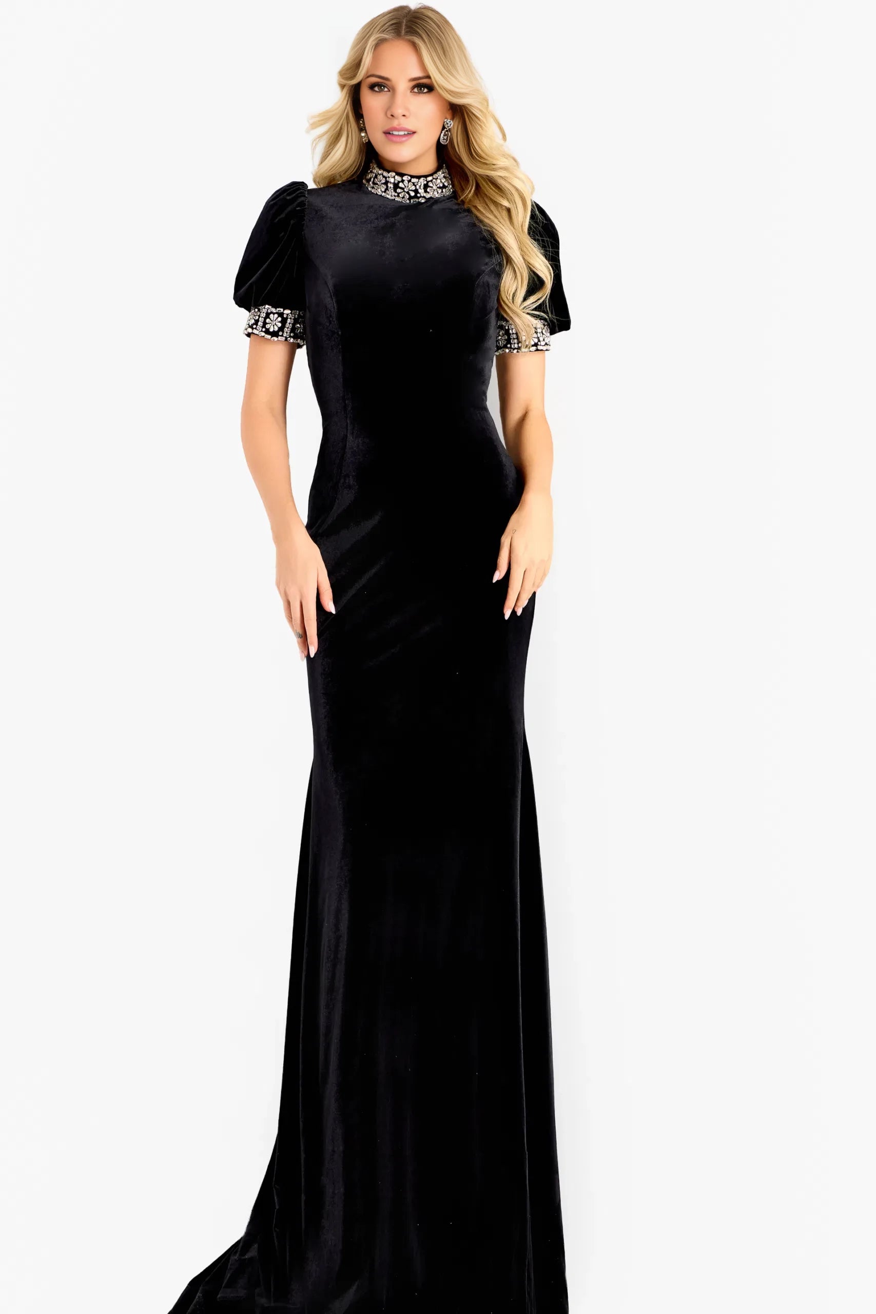 Elegant Mermaid High-Neck Puff-Sleeve Beaded-Accent Long Length Evening Dresses