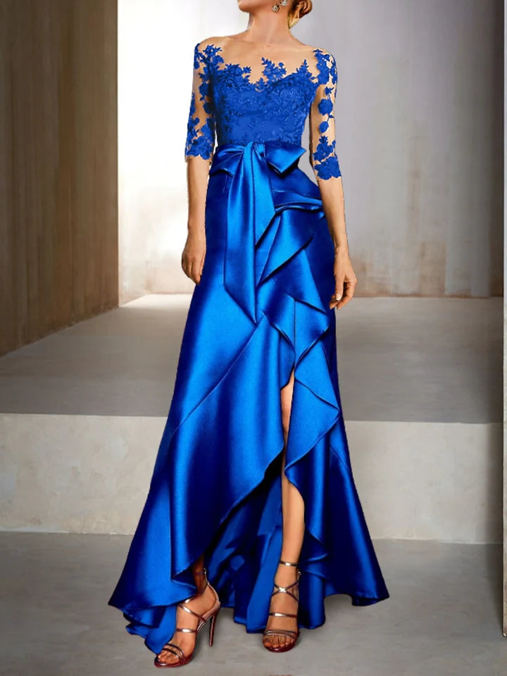 Elegant Mermaid Illusion Neck Three - Quarter Sleeve Zipper Back Floor - Length Mother of the Bride Dresses